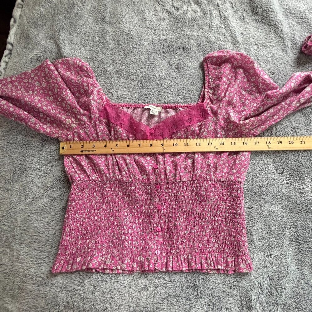 American Eagle Top Medium Pink Ditsy Floral Crop Puff Sleeve Peasant Y2K 18062x - Picture 4 of 8